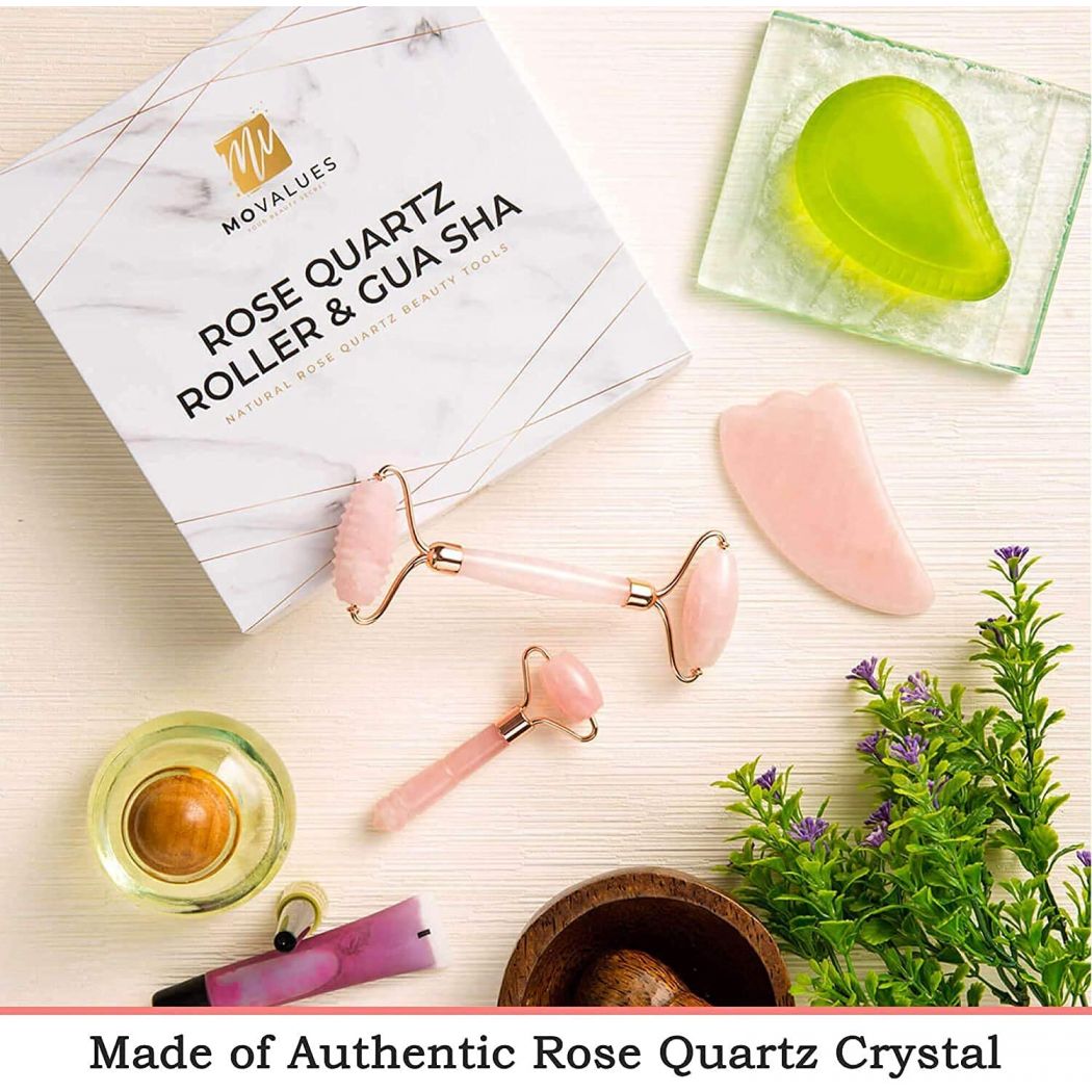 Natural Authentic Crystal Rose Quartz Roller with Gua Sha  Face Roller